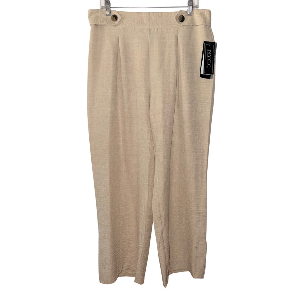 NYCC Wide Leg High Rise Pants Sz L Beige Pleated Button Accent Minimalist Office